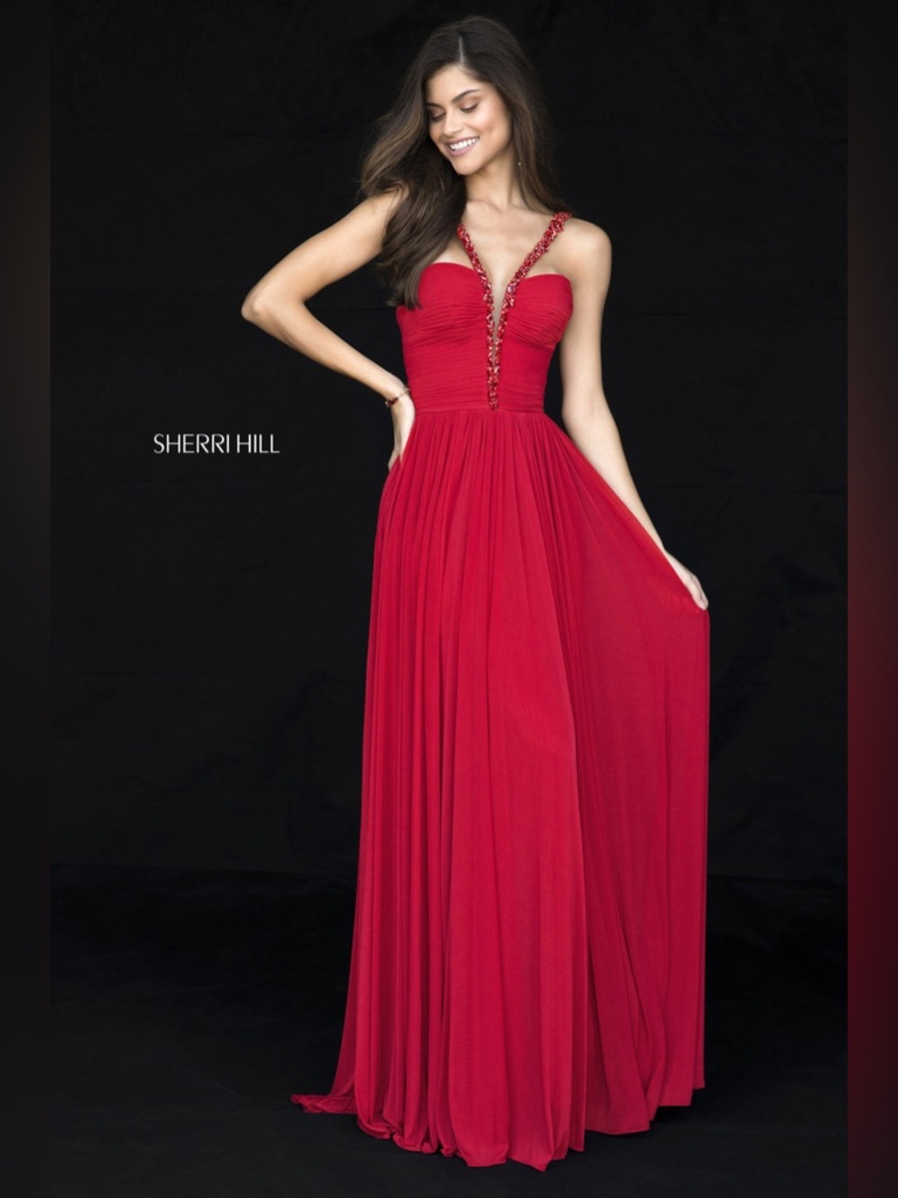 NWT Sherri Hill 51933 Red Beaded V-Neck Evening Gown chiffon dress